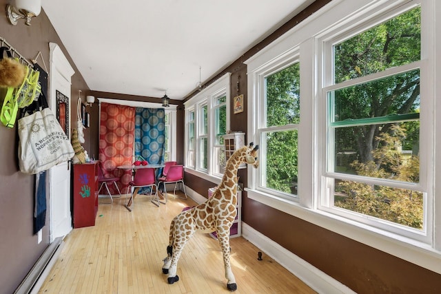 sunroom / solarium featuring a healthy amount of sunlight, wood-type flooring, baseboards, and baseboard heating