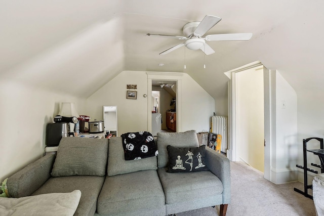 carpeted living room featuring ceiling fan, lofted ceiling, and radiator heating unit