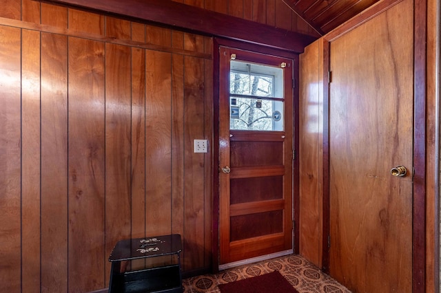 23711 Clarissa Haven Dr, Girard Twp, MN 56551 - doorway to outside featuring wood walls and wood ceiling