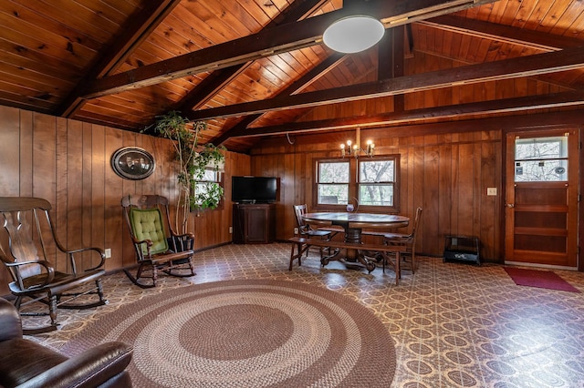23711 Clarissa Haven Dr, Girard Twp, MN 56551 - dining room featuring wooden ceiling and wood walls
