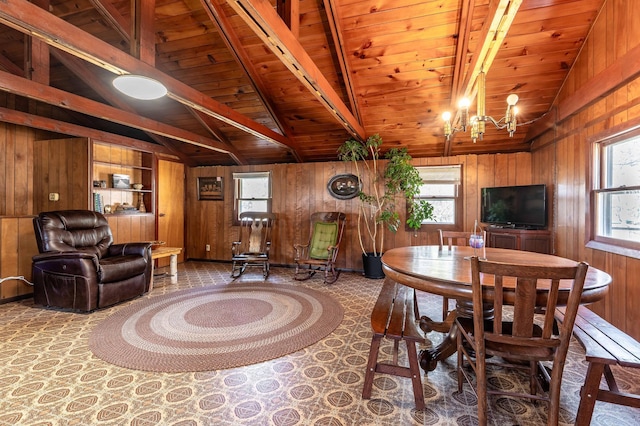 23711 Clarissa Haven Dr, Girard Twp, MN 56551 - dining space with wood walls, a chandelier, and wood ceiling