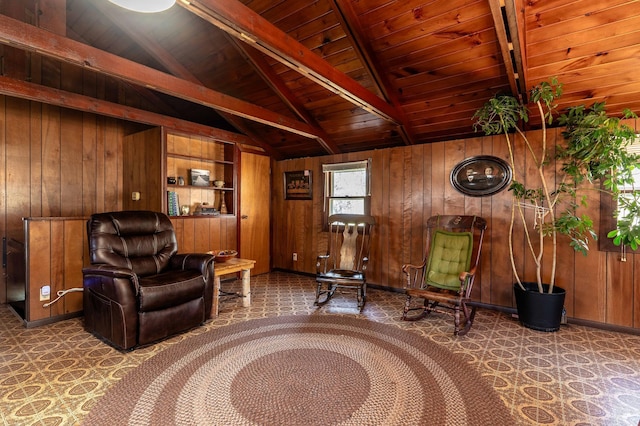 23711 Clarissa Haven Dr, Girard Twp, MN 56551 - living area featuring wood walls, wooden ceiling, and baseboards