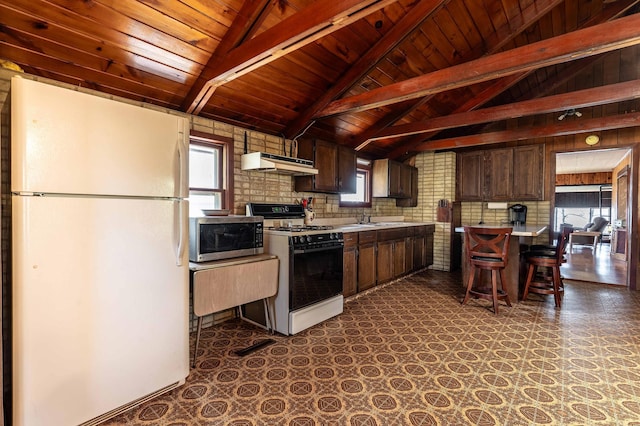 23711 Clarissa Haven Dr, Girard Twp, MN 56551 - kitchen with gas range oven, freestanding refrigerator, stainless steel microwave, under cabinet range hood, and wood ceiling