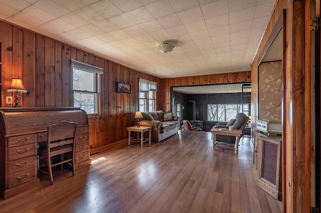 23711 Clarissa Haven Dr, Girard Twp, MN 56551 - living area featuring wood finished floors and wood walls