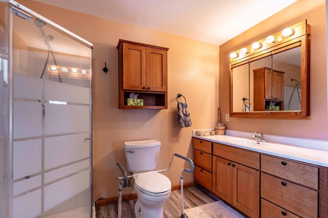 23711 Clarissa Haven Dr, Girard Twp, MN 56551 - bathroom featuring a walk in shower, wood finished floors, toilet, and vanity