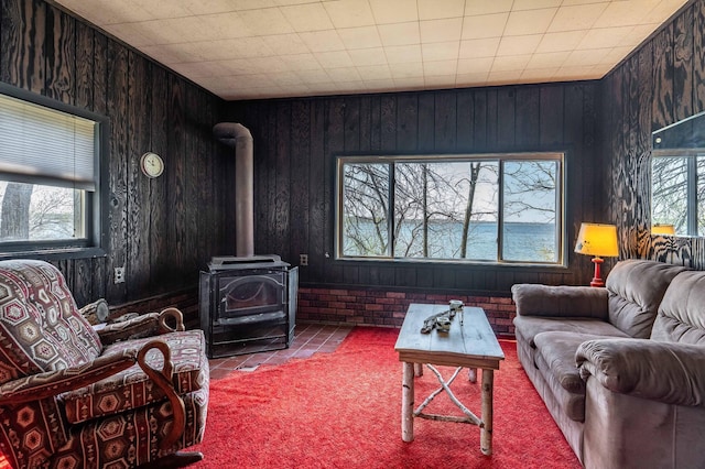23711 Clarissa Haven Dr, Girard Twp, MN 56551 - living area with a wood stove and wooden walls