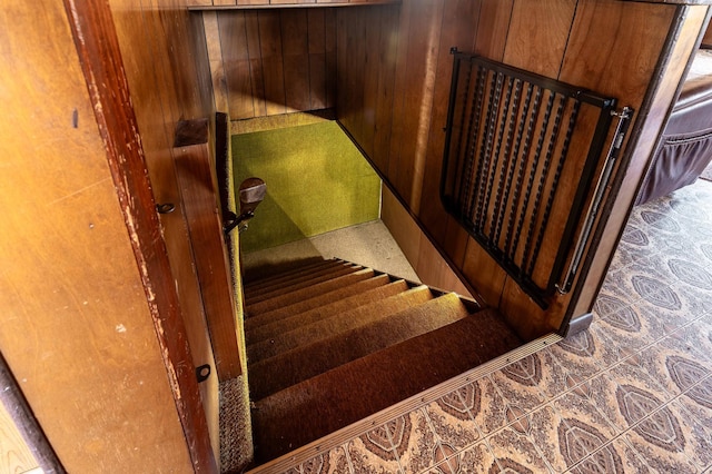 23711 Clarissa Haven Dr, Girard Twp, MN 56551 - stairs featuring tile patterned floors and wood walls