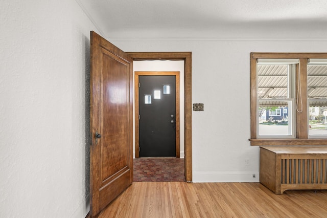 entrance foyer featuring light wood-type flooring, baseboards, and radiator