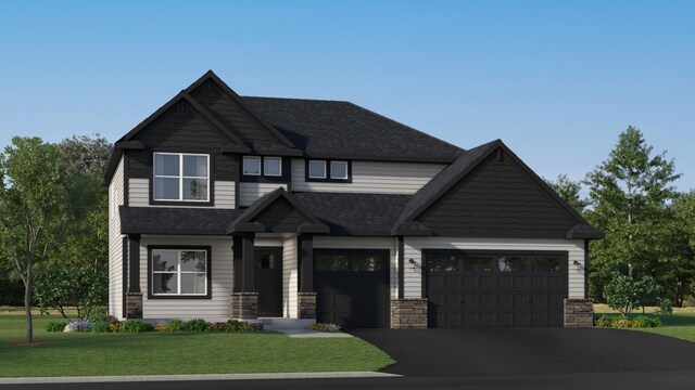 craftsman inspired home featuring roof with shingles, asphalt driveway, a front yard, and stone siding