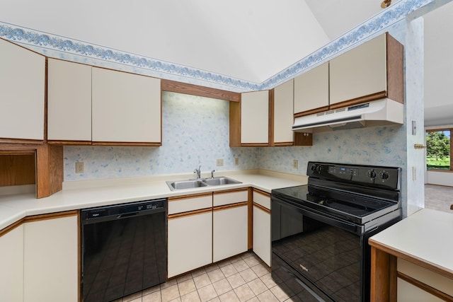38546 Grand Ave, North Branch, MN 55056 - kitchen with black appliances, under cabinet range hood, a sink, light countertops, and light tile patterned floors