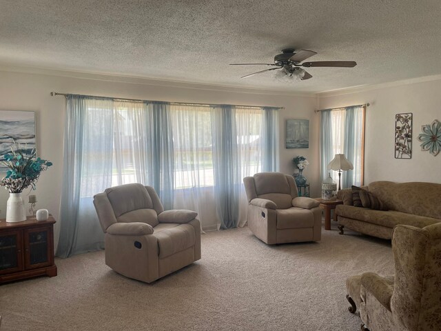 112 Walnut St, Dawson, MN 56232 - living area featuring carpet flooring, crown molding, a textured ceiling, and a ceiling fan