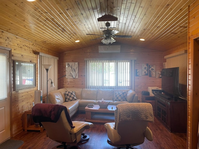 112 Walnut St, Dawson, MN 56232 - living area featuring wooden walls, vaulted ceiling, wood ceiling, a wall mounted air conditioner, and ceiling fan