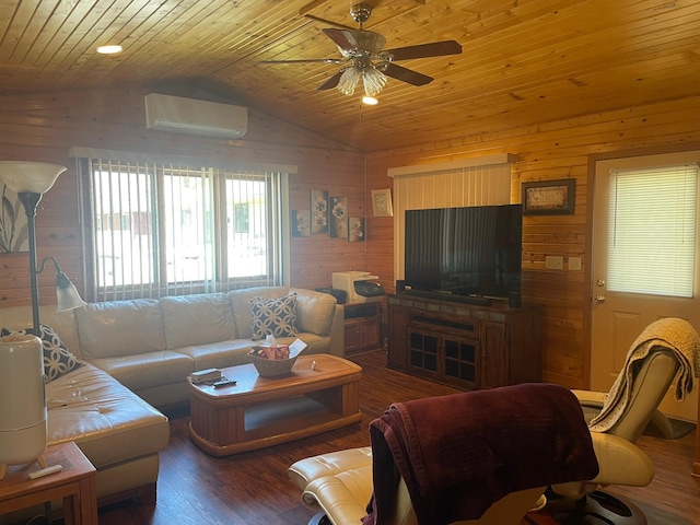 112 Walnut St, Dawson, MN 56232 - living room with an AC wall unit, vaulted ceiling, wood walls, wood ceiling, and ceiling fan