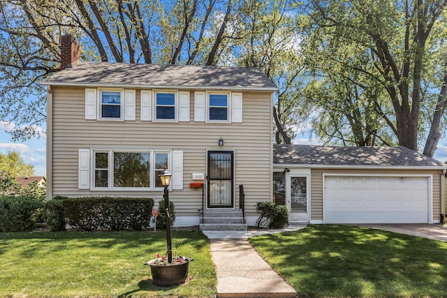view of front of property featuring an attached garage, a front lawn, a chimney, entry steps, and concrete driveway
