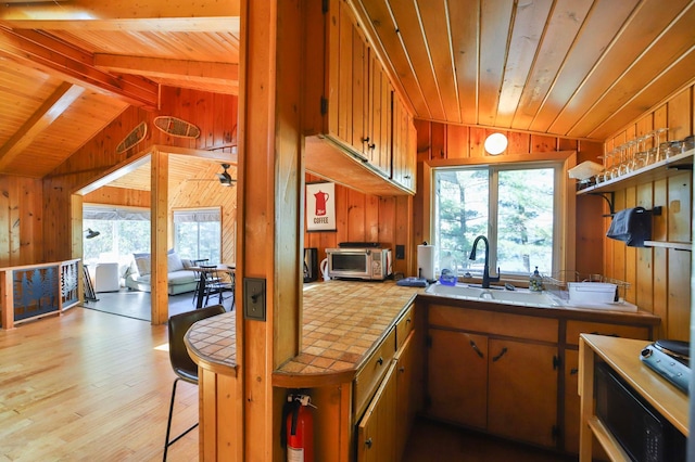 kitchen with wooden walls, vaulted ceiling, open shelves, healthy amount of natural light, and wood ceiling