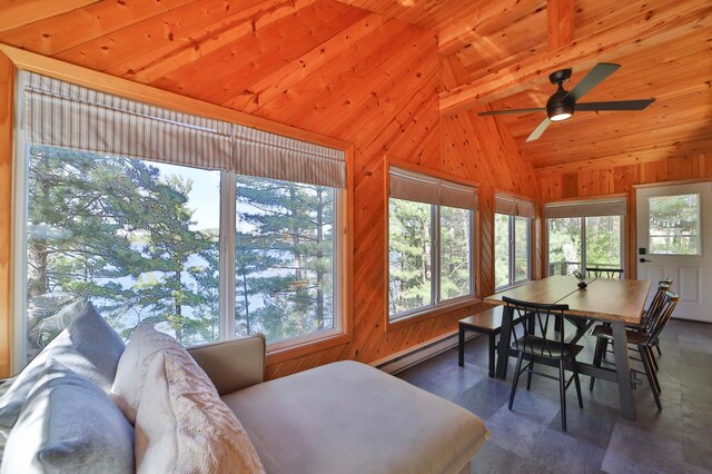 sunroom / solarium with a baseboard heating unit, wooden walls, and wood ceiling