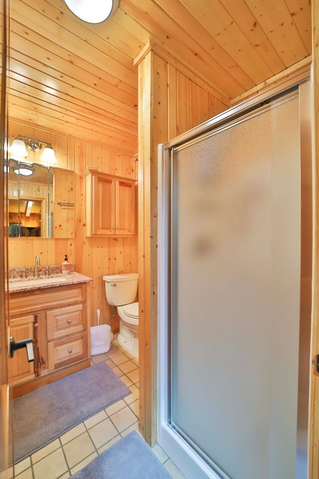 2202 Pine View Blvd, Motley, MN 56466 - full bath featuring a stall shower, tile patterned flooring, vanity, wooden walls, and wooden ceiling