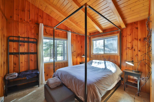 2202 Pine View Blvd, Motley, MN 56466 - bedroom with wooden ceiling, wood walls, and carpet