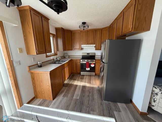 408 Np Ct, Breckenridge, MN 56520 - kitchen with stainless steel appliances, under cabinet range hood, light wood-style flooring, brown cabinetry, and a sink