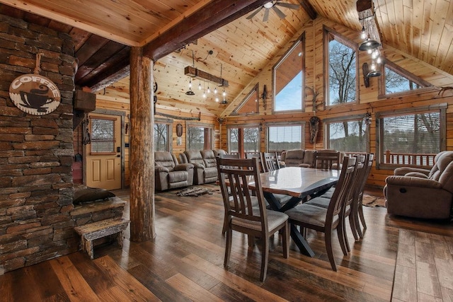29917 Bay Dr, Danbury, WI 54830 - dining room with hardwood / wood-style floors, high vaulted ceiling, beamed ceiling, wood ceiling, and a ceiling fan