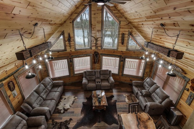 29917 Bay Dr, Danbury, WI 54830 - living room with hardwood / wood-style floors, wooden ceiling, wooden walls, high vaulted ceiling, and a ceiling fan