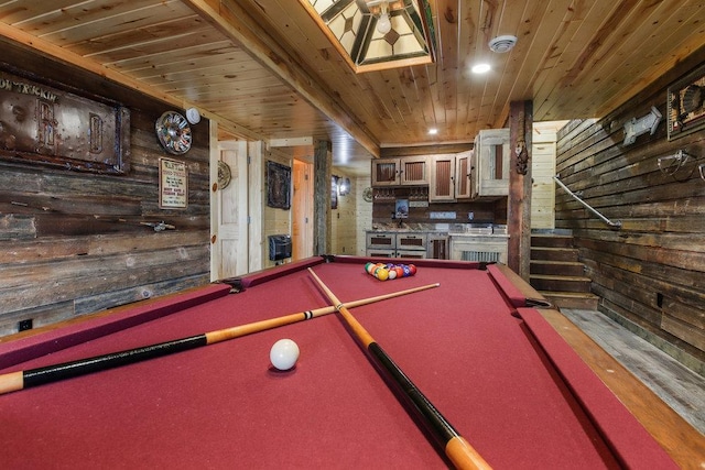 29917 Bay Dr, Danbury, WI 54830 - recreation room with wood ceiling, wooden walls, billiards table, and recessed lighting