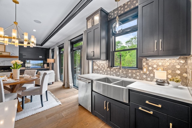 5191 159th Ave NW, Andover, MN 55304 - kitchen featuring a sink, light wood finished floors, stainless steel dishwasher, a chandelier, and backsplash