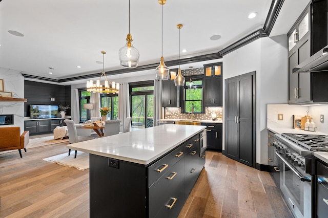5191 159th Ave NW, Andover, MN 55304 - kitchen with high end stainless steel range, a center island, open floor plan, light wood-style flooring, and light countertops