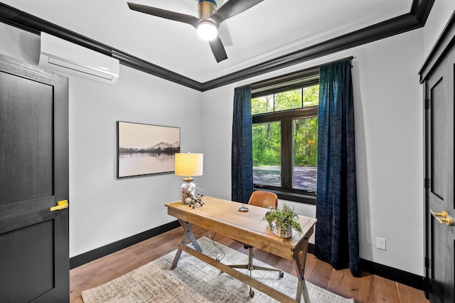5191 159th Ave NW, Andover, MN 55304 - home office featuring an AC wall unit, wood finished floors, baseboards, ornamental molding, and ceiling fan