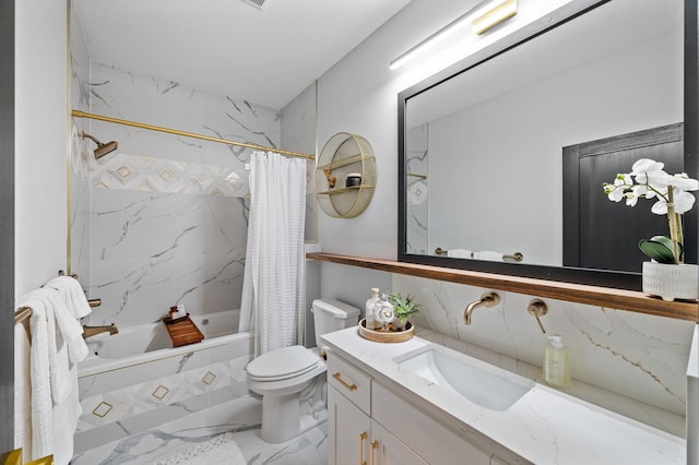 5191 159th Ave NW, Andover, MN 55304 - full bathroom with marble look tile flooring, shower / bathtub combination with curtain, vanity, and toilet