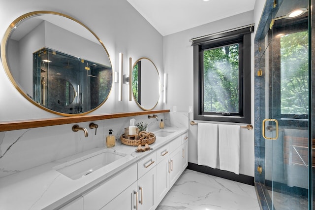 5191 159th Ave NW, Andover, MN 55304 - full bathroom featuring marble finish floors, double vanity, a shower stall, and lofted ceiling