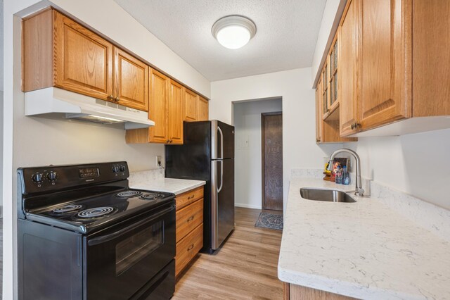 923 11th Ave S Unit 8, Hopkins, MN 55343 - kitchen with a sink, freestanding refrigerator, light wood-type flooring, under cabinet range hood, and black electric range