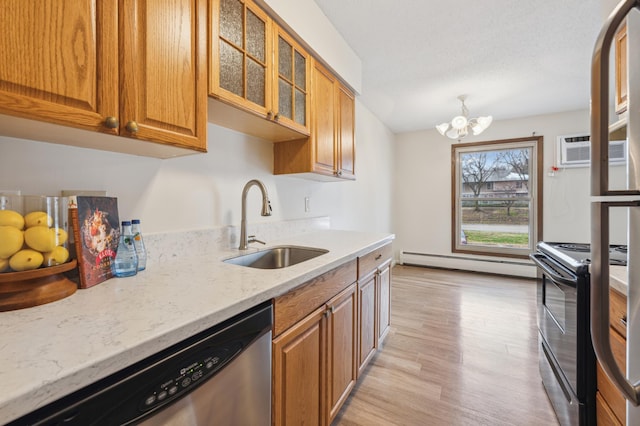 923 11th Ave S Unit 8, Hopkins, MN 55343 - kitchen featuring a sink, a baseboard radiator, light wood-style flooring, stainless steel dishwasher, and electric range oven