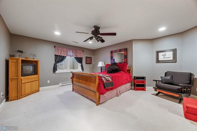 4126 Timberline Dr S, Fargo, ND 58104 - carpeted bedroom with a baseboard heating unit, baseboards, recessed lighting, and a ceiling fan