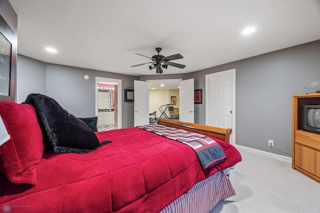 4126 Timberline Dr S, Fargo, ND 58104 - carpeted bedroom with baseboards, ensuite bathroom, recessed lighting, and a ceiling fan