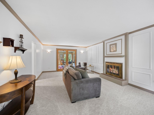 12576 Ridgewood Dr NW, Elk River, MN 55330 - living area featuring crown molding, light colored carpet, a tile fireplace, and baseboards
