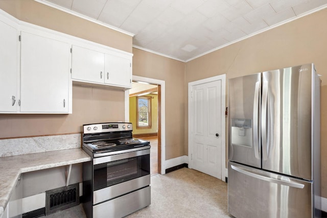 kitchen featuring stainless steel appliances, ornamental molding, light countertops, white cabinetry, and light floors