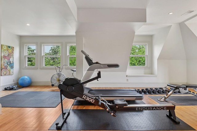1721 Mount Curve Ave, Minneapolis, MN 55403 - exercise area with wood finished floors, recessed lighting, and baseboards