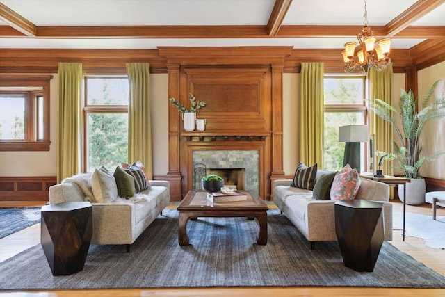 1721 Mount Curve Ave, Minneapolis, MN 55403 - living room featuring ornamental molding, a chandelier, plenty of natural light, beamed ceiling, and coffered ceiling