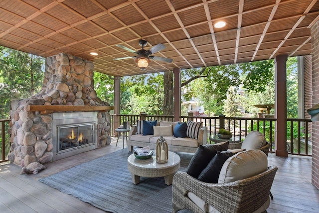 1721 Mount Curve Ave, Minneapolis, MN 55403 - deck featuring a ceiling fan and an outdoor living space with a fireplace
