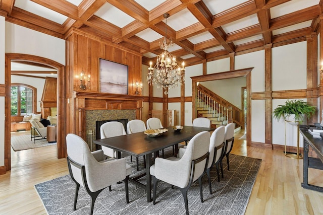 1721 Mount Curve Ave, Minneapolis, MN 55403 - dining room featuring a chandelier, a premium fireplace, coffered ceiling, light wood finished floors, and beam ceiling