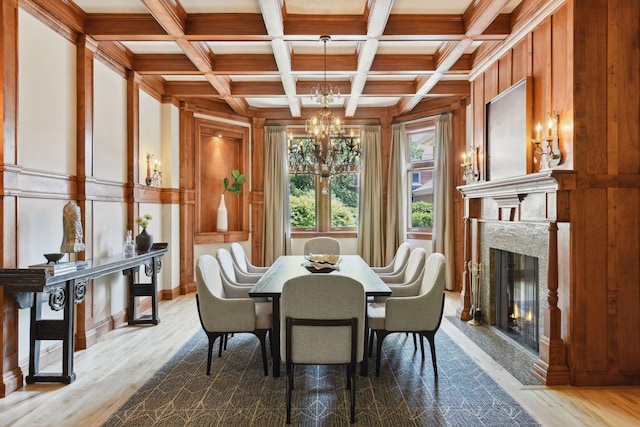 1721 Mount Curve Ave, Minneapolis, MN 55403 - dining room with a chandelier, coffered ceiling, wood finished floors, crown molding, and beam ceiling