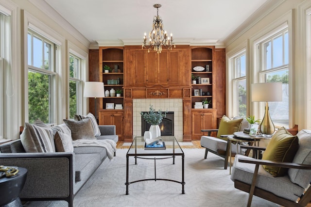 1721 Mount Curve Ave, Minneapolis, MN 55403 - living room featuring ornamental molding, a chandelier, and a tile fireplace