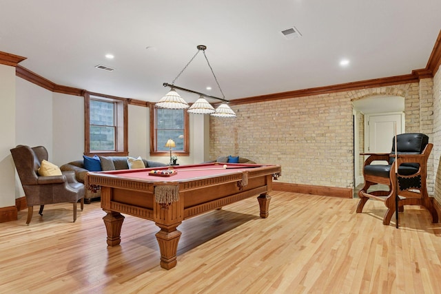 1721 Mount Curve Ave, Minneapolis, MN 55403 - playroom with baseboards, light wood-style floors, ornamental molding, billiards table, and recessed lighting
