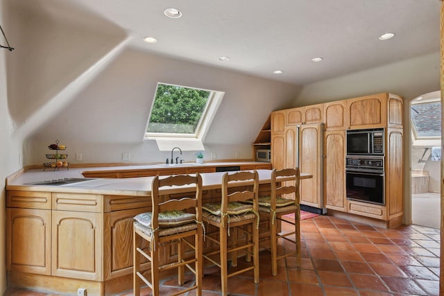 1721 Mount Curve Ave, Minneapolis, MN 55403 - kitchen with black appliances, a skylight, vaulted ceiling, recessed lighting, and a sink