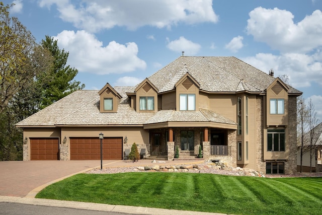 view of front facade featuring a front yard, covered porch, driveway, and an attached garage