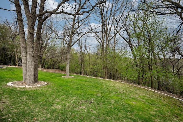 view of green lawn featuring a view of trees