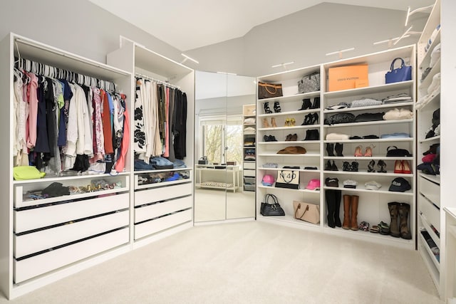 spacious closet with carpet floors and vaulted ceiling