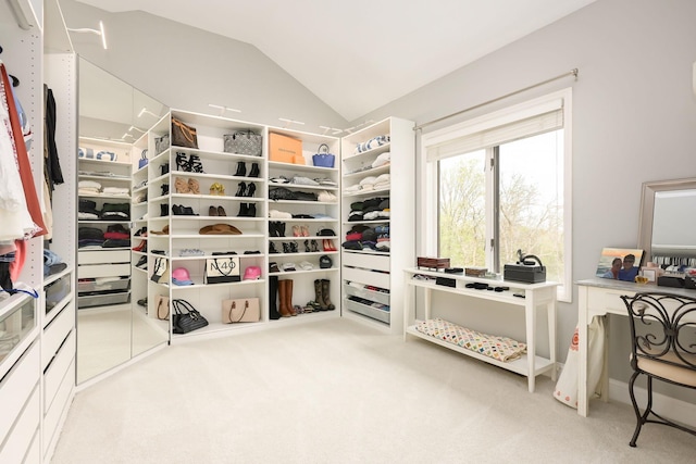 walk in closet featuring lofted ceiling and carpet flooring