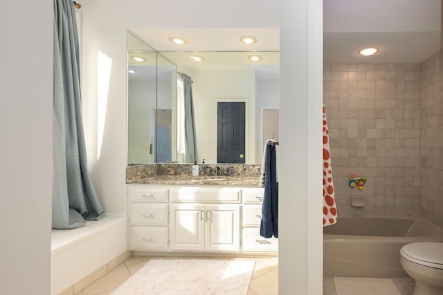 full bath featuring tile patterned flooring, vanity, shower / bathtub combination with curtain, toilet, and recessed lighting